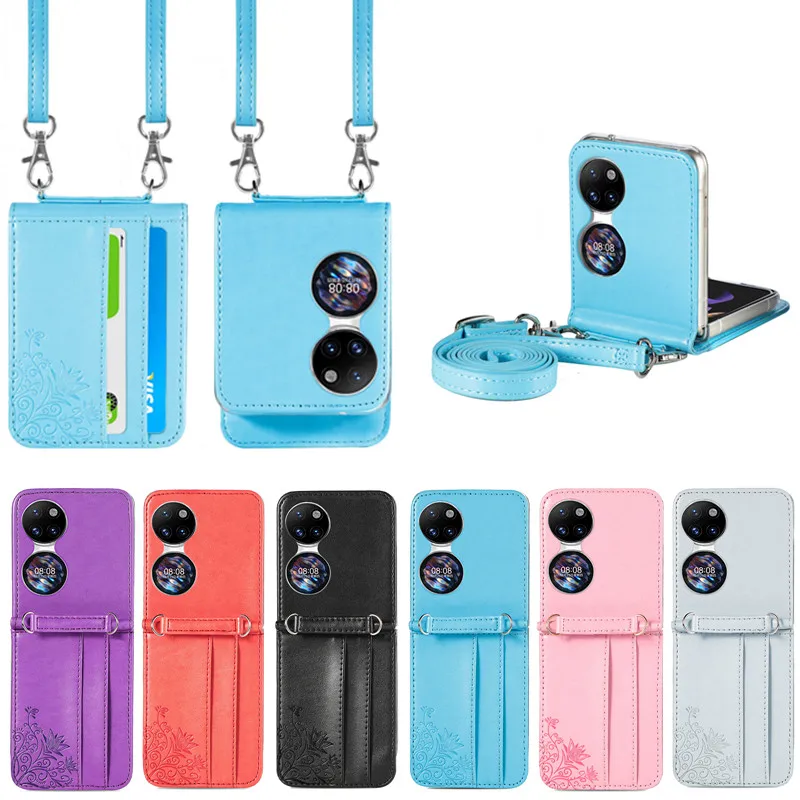 

P50 Pocket Etui Luxury Embossing Leather Phone Case for Huawei P50 Pocket Cover Wallet Card Holder Shockproof Lanyard Back Shell