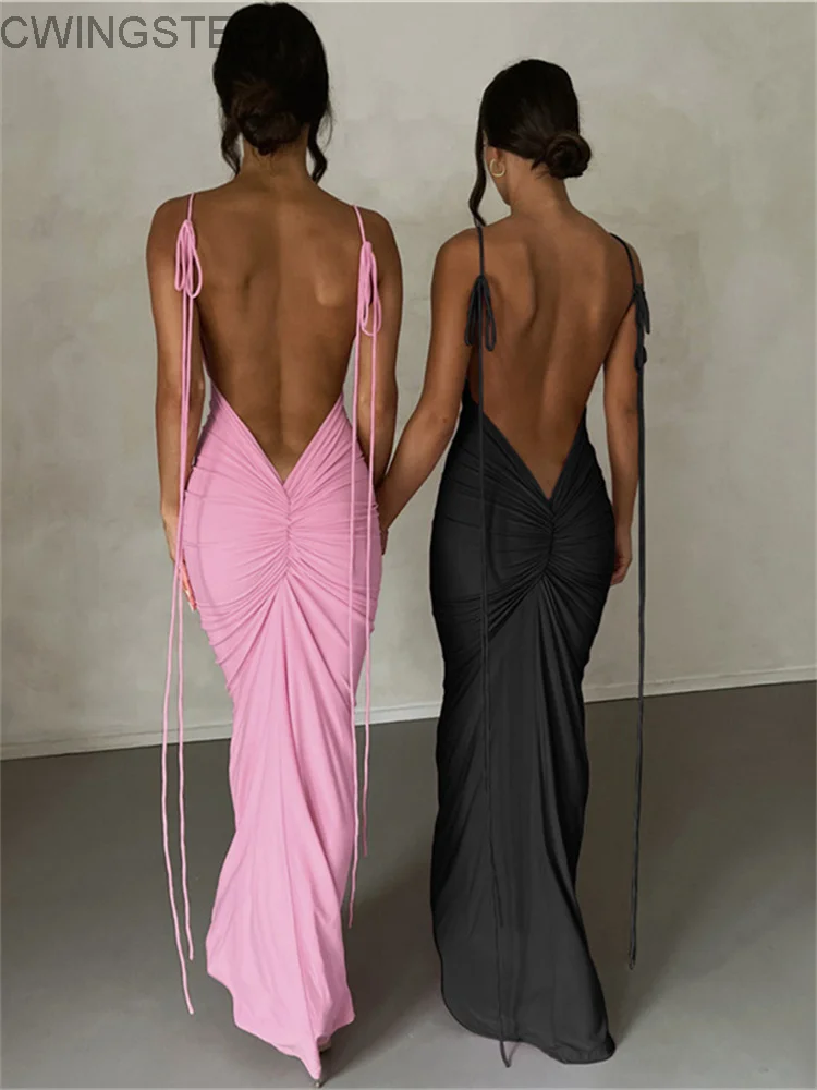 

Fashion Lengthen Straped Backless Ruched Bodycon Evening Black Party Dress Women Elegant Concise Maxi Dress 2023 Summer