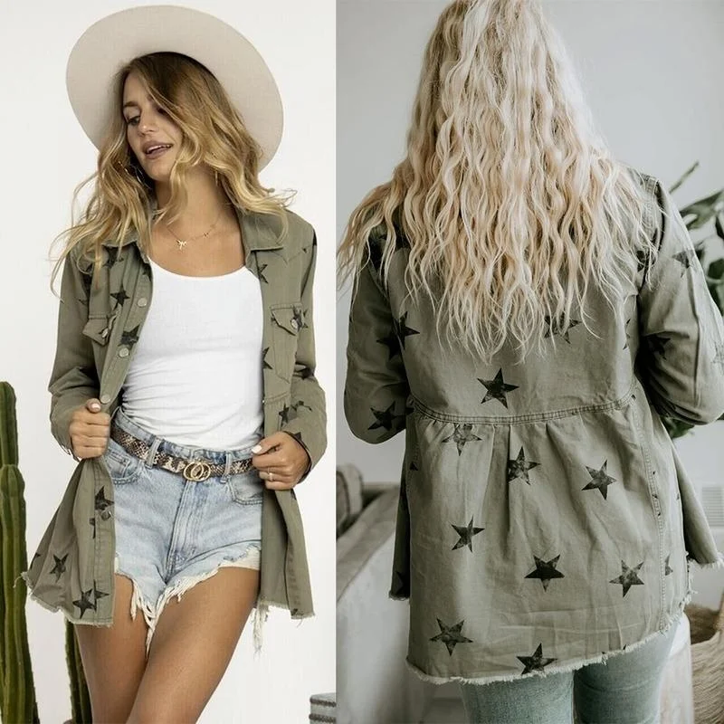 

Women's Jackets Star Print Denim Jacket Fall Fashion Long Sleeve Lapel Single Breasted Loose