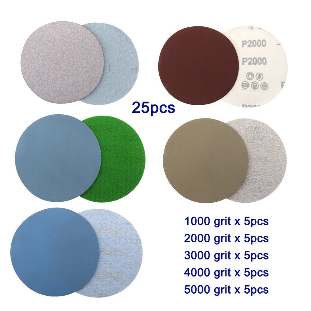

25Pcs 5'' Hook And Loop Sanding Discs Round Wet/Dry Sandpaper 1000 2000 3000 4000 5000Grit 125mm Sander Paper For Polishing