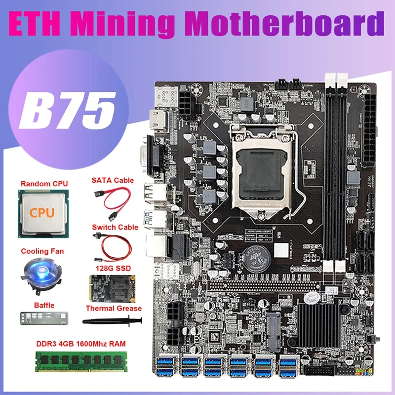 

B75 BTC Mining Motherboard B75 Motherboard +CPU+DDR3 4GB 1600Mhz RAM+128G SSD+Fan+SATA Cable+Switch Cable+Thermal Grease+Baffle