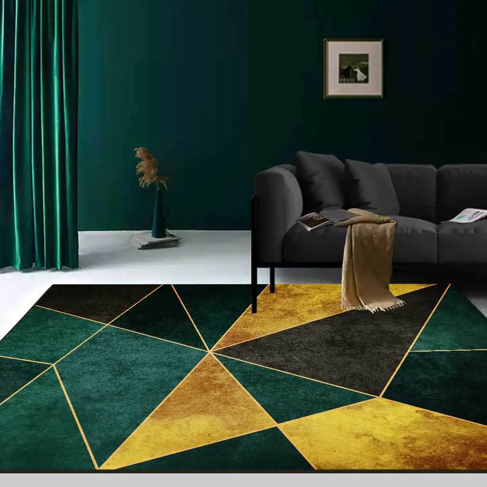 

New Arrival Living Room Carpet Polyester Carpet Golden Lines Green Abstract Bedroom Mat Home Area Floor Mats Custom Rug Tapis