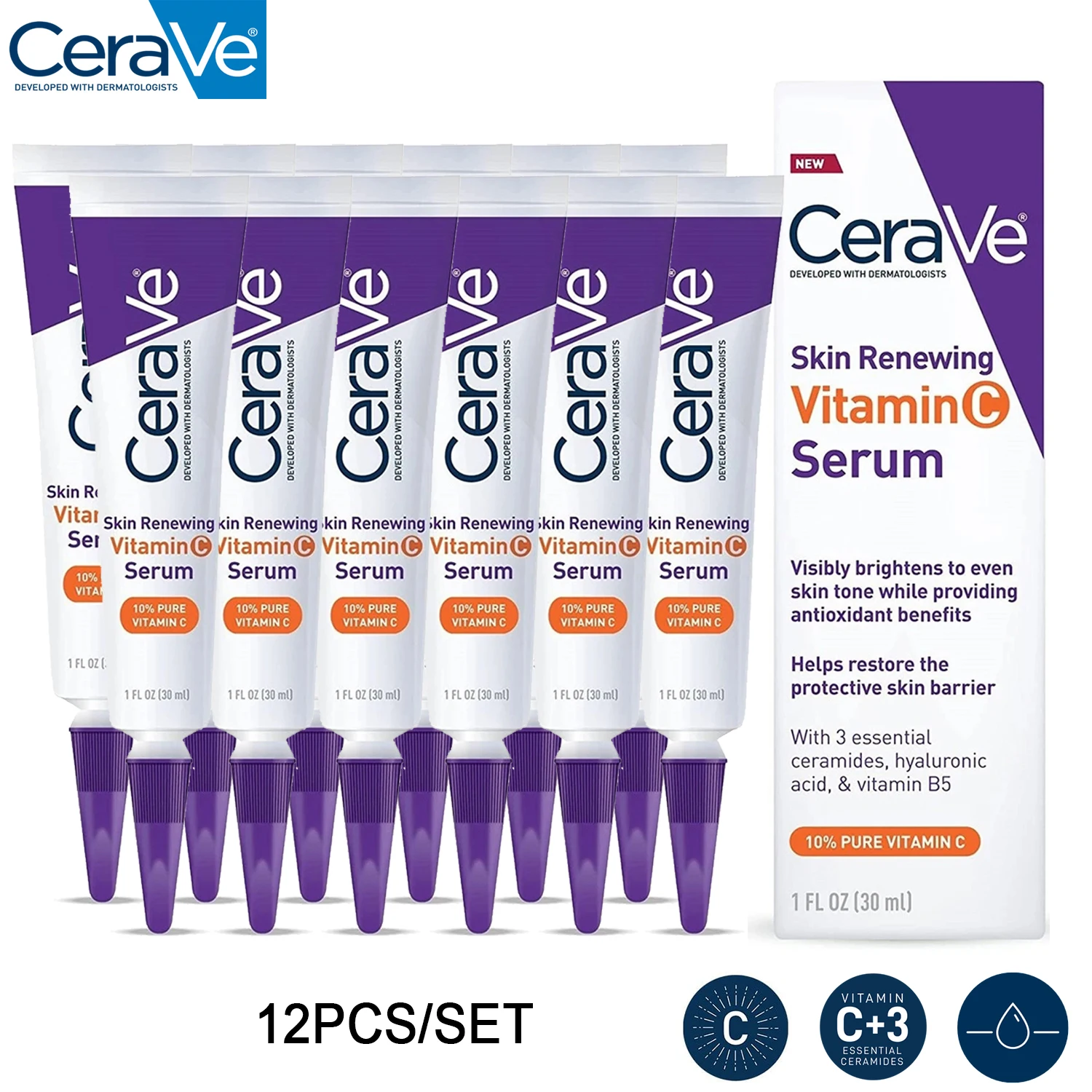 

12PCS 30ML CeraVe Pure 10% VC Serum Skin Renewing Vitamin C Brightening Even Skin Tone Antioxidant With Ceramide Restore Barrier