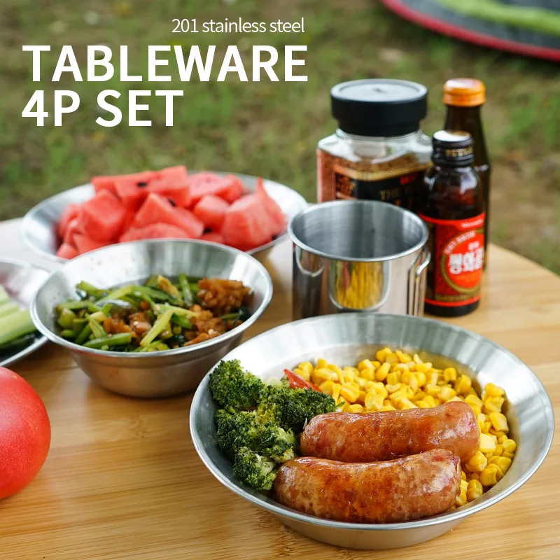 

4pcs/set Outdoor Tableware Stainless Steel Portable Outdoor Camping Picnic Barbecue Plate Household Kitchen Dinnerware Bowl Cup