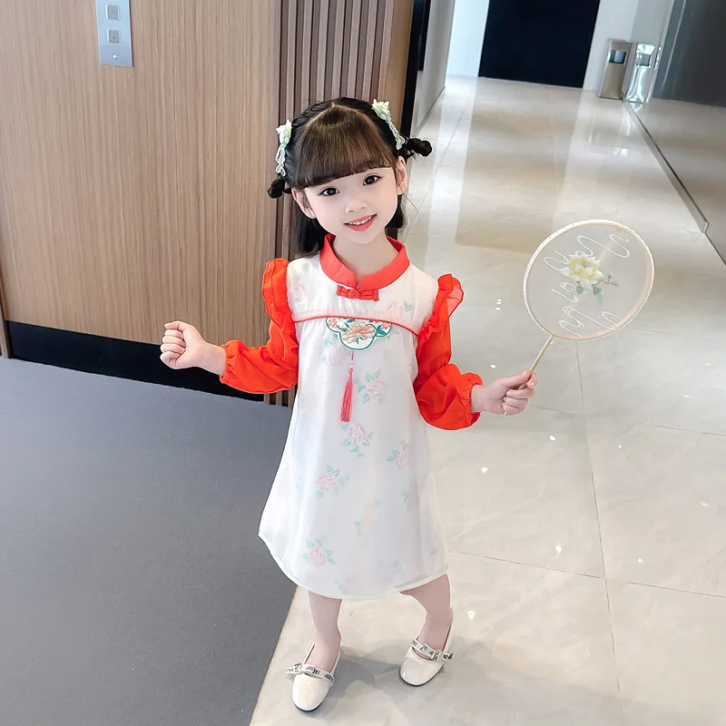 

2023 Chinese Traditional Dress Mesh Stitching with Double Layer Softness Hanfu Girl Dress Flower