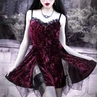 Женское винтажное бархатное платье Goth, Красное Кружевное платье в стиле Харадзюку с высокой талией и разрезом, темно-красное вечернее платье в готическом стиле, в стиле эмо, 2021