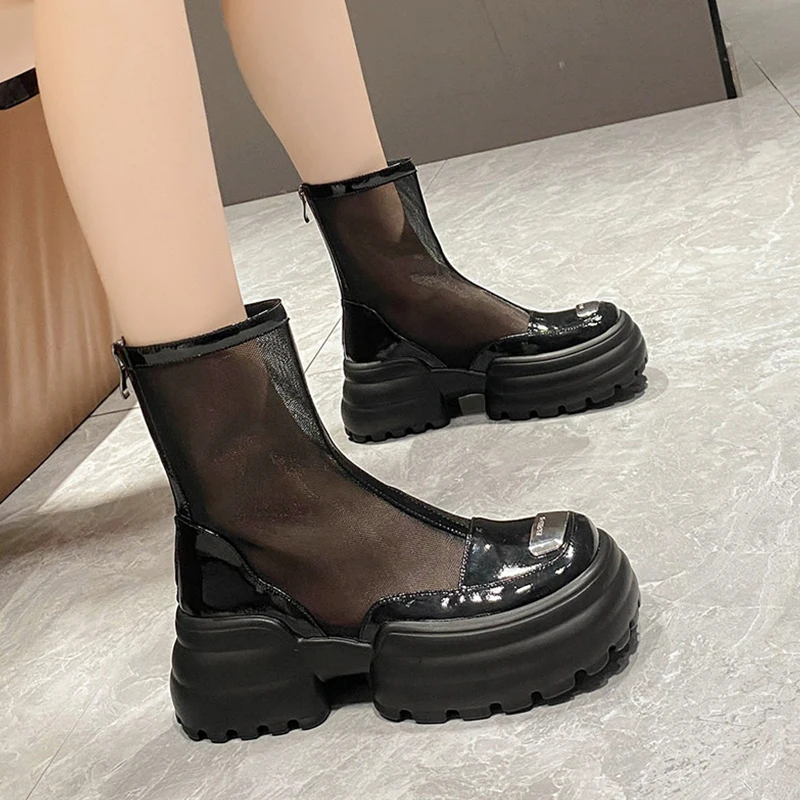 

Женские дышащие кроссовки на платформе, сетчатые туфли на толстой подошве, сезон лето 2023, хлопковая ткань средней высоты, полиуретан, ПВХ, базовые Туфли с круглым носком