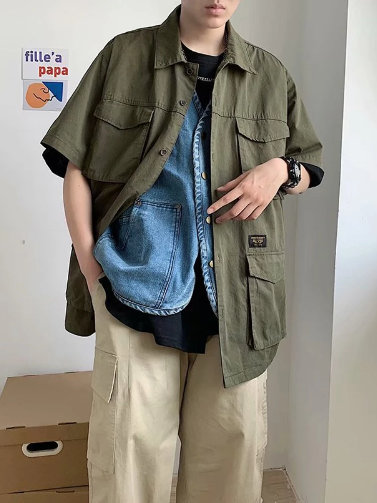 Tooling Short-sleeved Shirt Men's Summer Japanese Retro Short-sleeved Multi-pocket Loose Couple Shirt Jacket Fashion 2022 New
