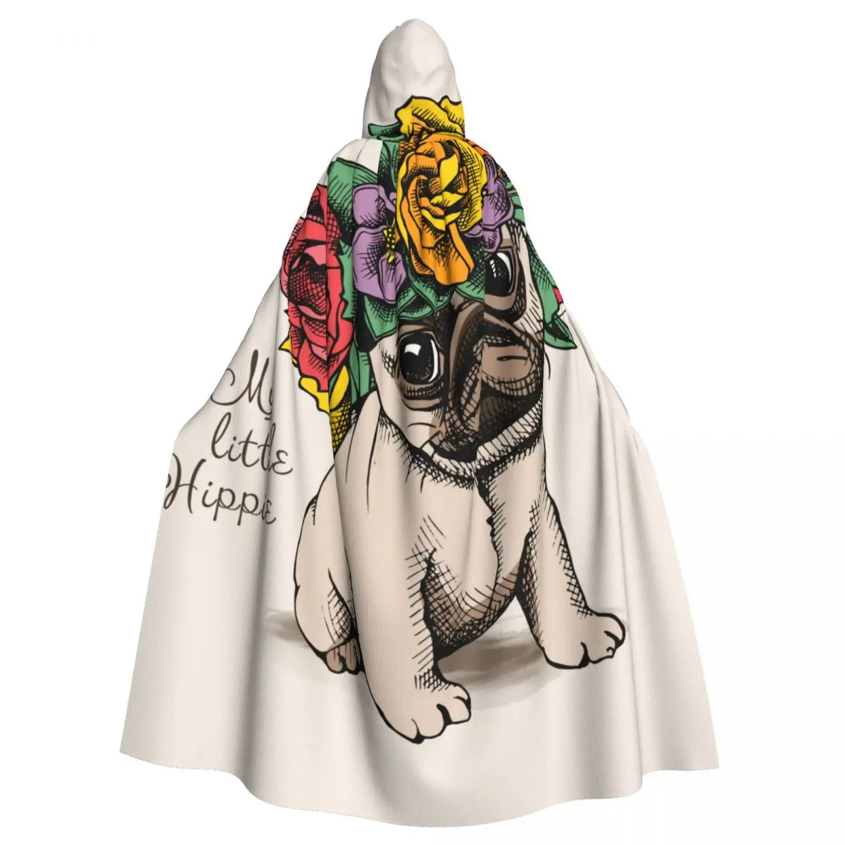 

Hippie Pug Puppy In A Floral Head Wreath Adult Cloak Cape Hooded Medieval Costume Witch Wicca Vampire Elf Purim Carnival Party