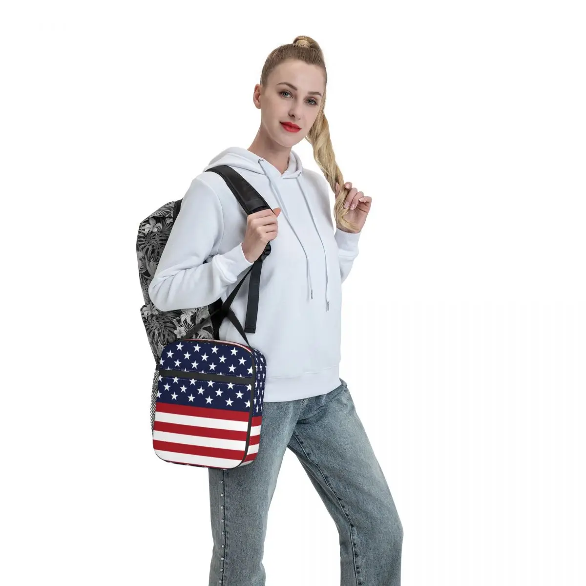 

Star Spangled USA Flag Lunch Bag Handle Patriotic Red White Blue Stars Stripes Car Cooler Bag Cooling Food Beautiful Thermal Bag