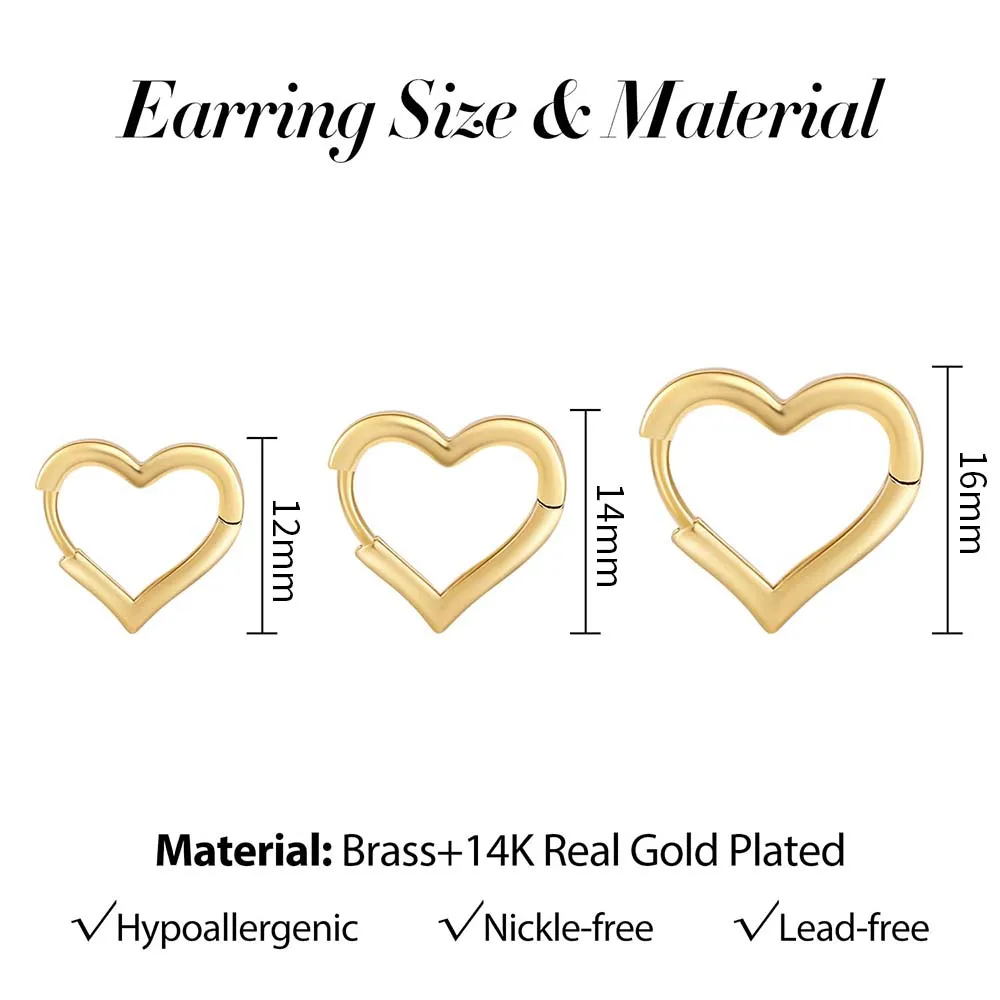 12/14/16mm Fashion Smooth Gold Color Love Heart Hoop Earrings Simple Cute Heart Circle Piercing Earring Buckle Statement Jewelry