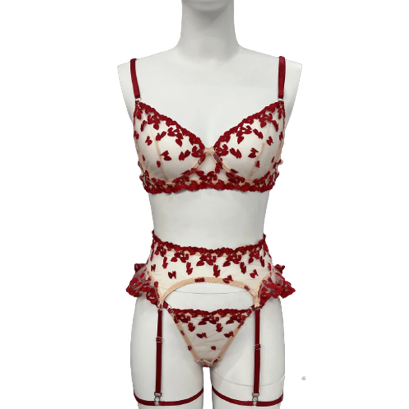 

Heart Sensual Lingerie Sheer Lace Embroidery Fancy Underwear 4-Piece Ruffle Sissy Intim Goods Delicate Sexy Outfits