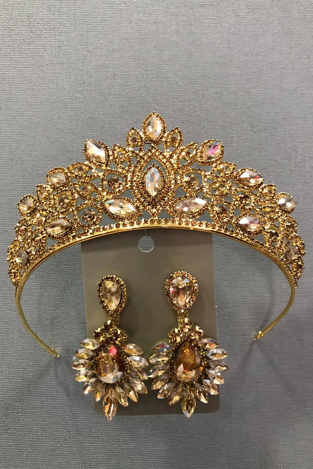 

Gold Color Crystal Glass Stone Bridal Crown and Earring Set