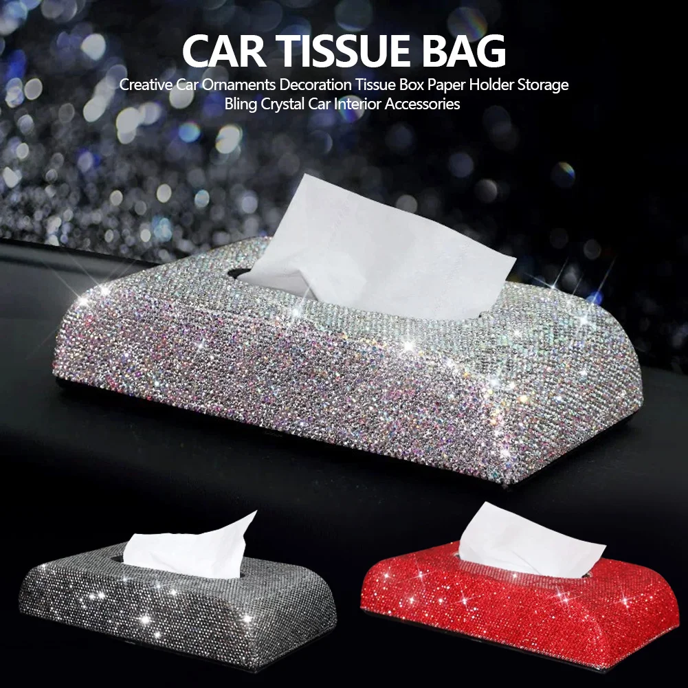 

Creative Bling Crystal Diamond Car Ornaments Decoration Car Tissue Box Paper Holder Storage Rhinestone Car Interior Accessories