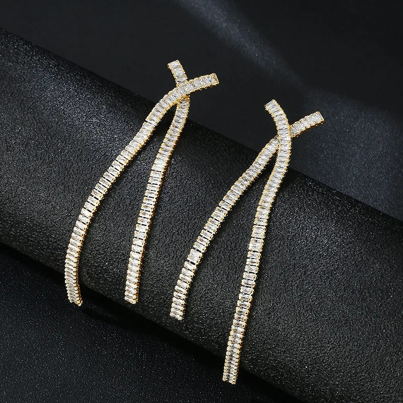 

Korean Fashion Copper Inlaid with Zirconium Electroplating Real Gold Long Cross Tassel Earrings Simple Personality Jewelry