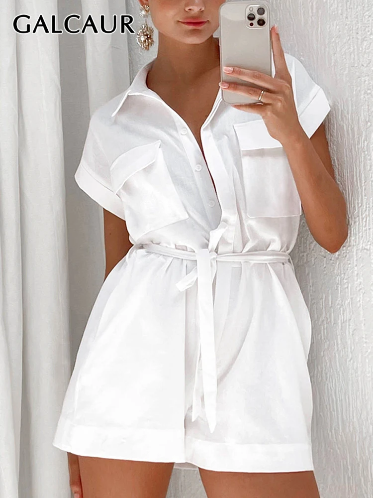 

GALCAUR Patchwork Lace Up Playsuits For Women Lapel Short Sleeve High Waist Spliced Pockets Solid Folds Playsuit Female Summer