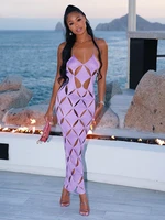v neck y2k maxi dress party women sexy halter neck spaghetti strap backless summer hollow out grid bodycon beach clubnight 2022