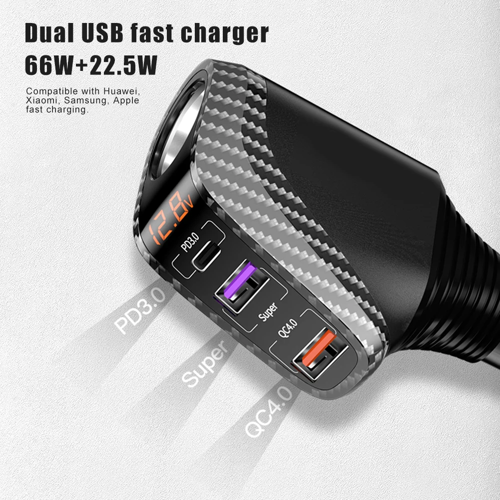 Автомобильное зарядное устройство 100W PD 3.0 быстрой зарядки 12V/24V Type-C 3 USB-адаптер с разветвителем прикуривателя для Huawei Xiaomi iPhone 13 и т.д.