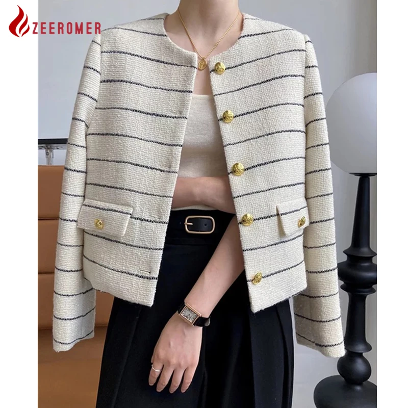 

2022 Autumn New High Quality Striped Wool Tweed Short Jacket Coat Women Temperament Elegant Gold Button O-Neck Simple Overcoat