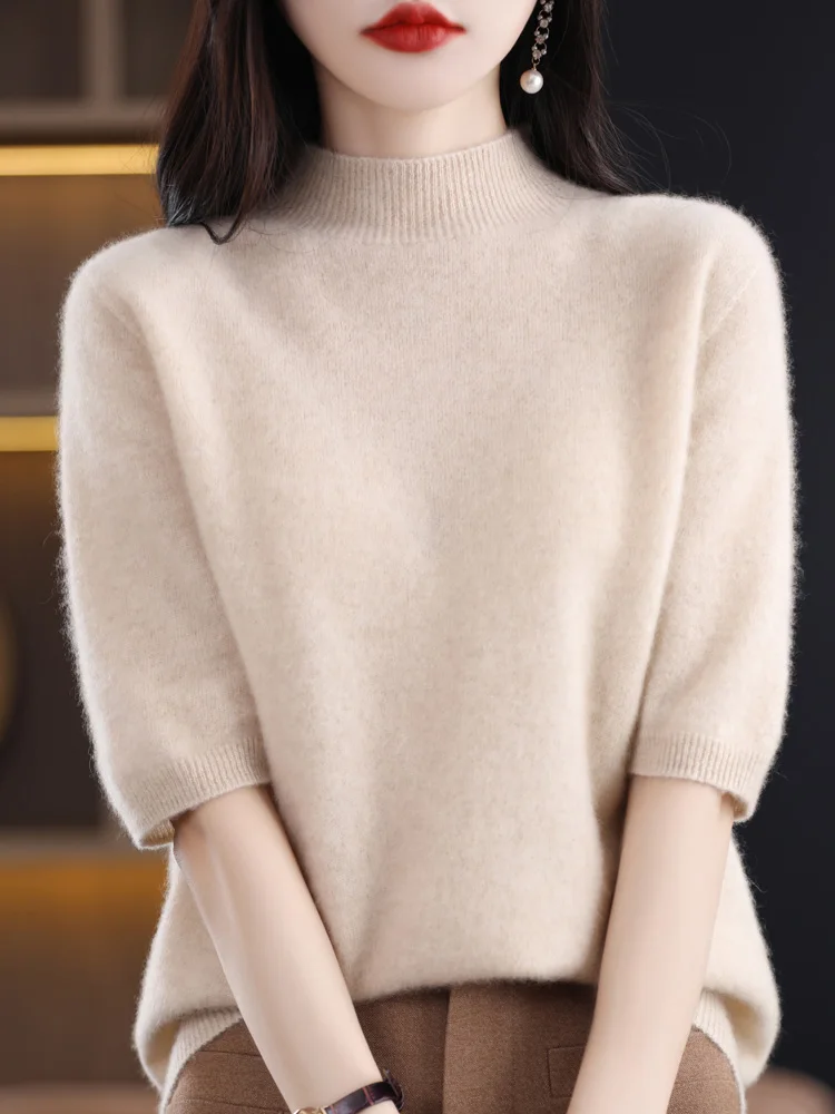 

Half Sleeve Cashmere Women Knitted Sweaters 100% Pure Merino Wool Spring Fashion Mock-Neck Top Pullover Non-Connect One Line