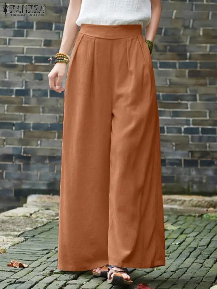 

Women Casual Retro Wide Leg Trouser ZANZEA Elegant Elastic Waist Pant 2022 Spring Solid Loose Pantalon Palazzo Cotton OL Overall