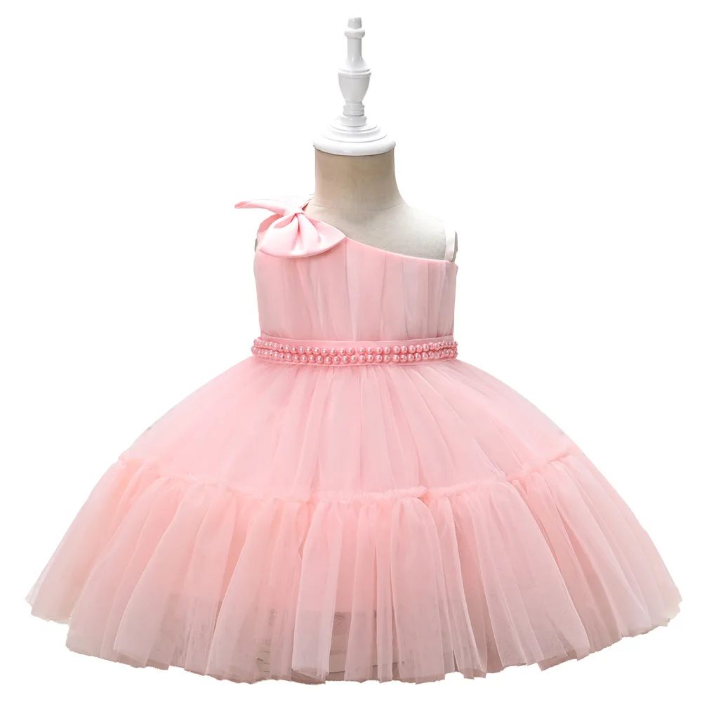 

Baby Girl Party Dress Toddler Solid Mesh Bow One-shoulder Blue Pink Green Dresses for Birthday Gift 6-24 Months