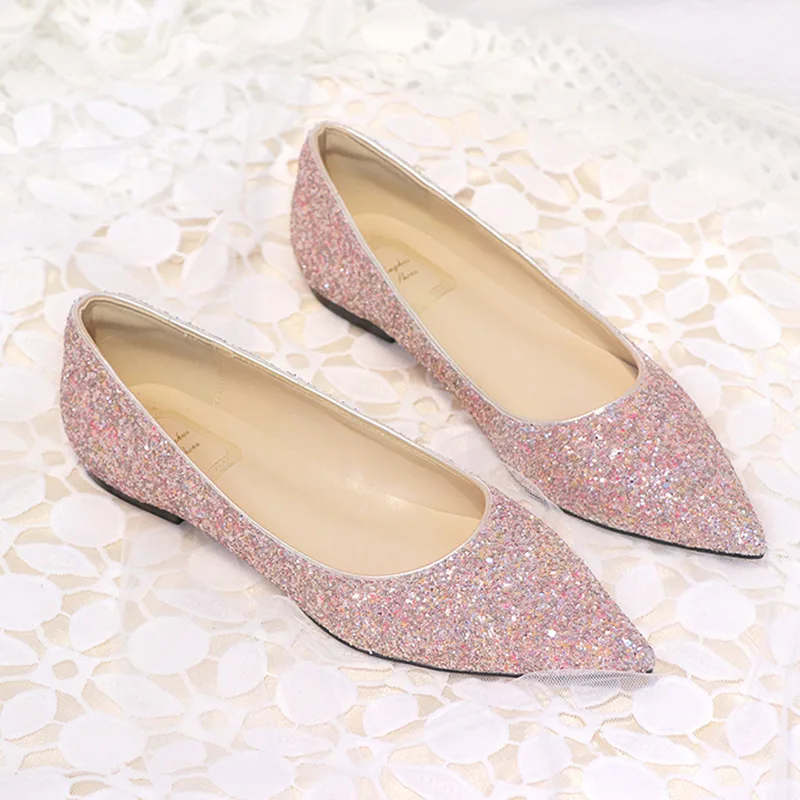 2022 Flat Shoes Women Pointed Single Shoes Latex Insole High Quality Casual Shoes Fashion Bling Wedding Shoe