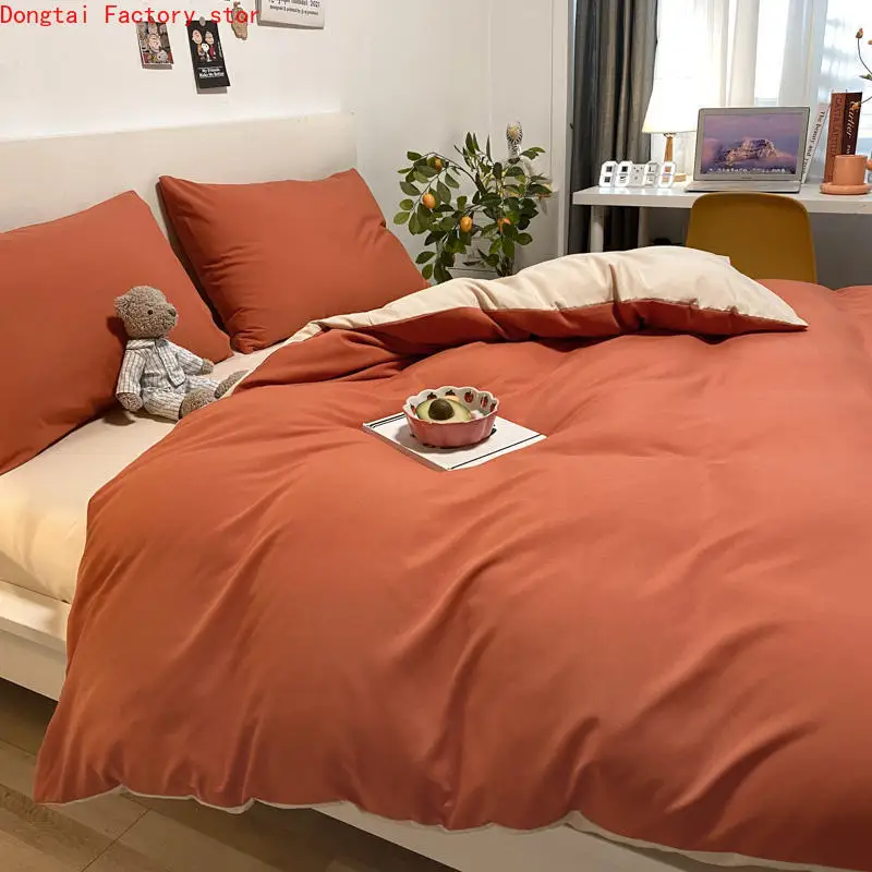 

New Japanese washed cotton four-piece double quilt set for student dormitory in solid color bedding set home bed sheet