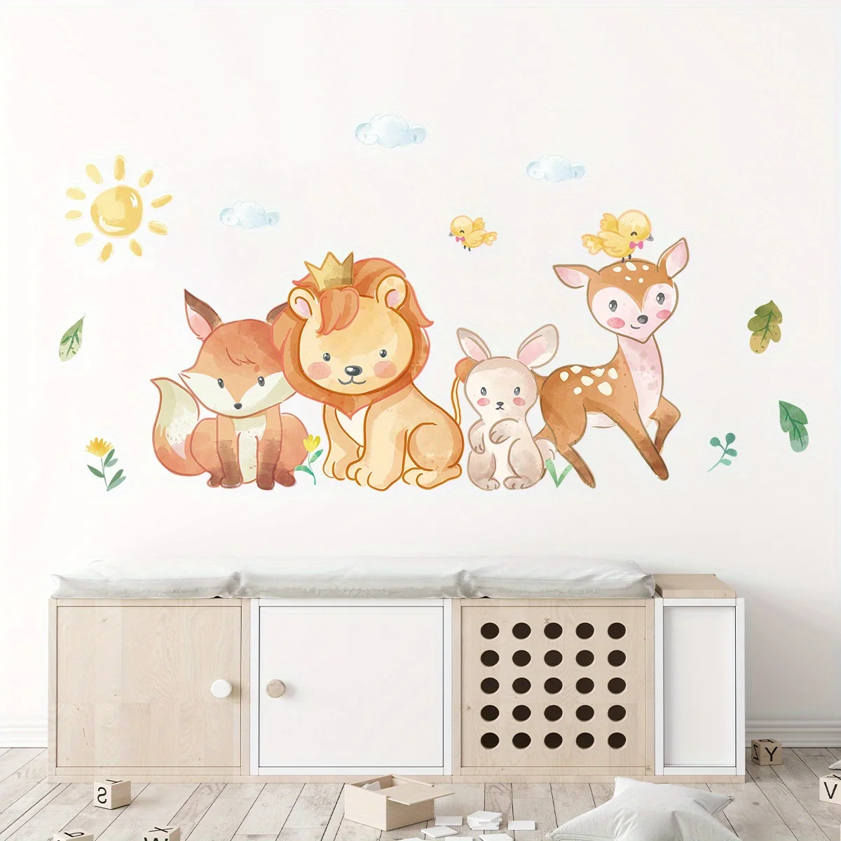 Набор Наклеек На Стену С Мультяшными Животными - Лев Олень Лиса Кролик Солнечный