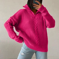 polo collar women sweater twist lapel lazy loose casual thin versatile autumn and winter solid color knitted zipper pullover