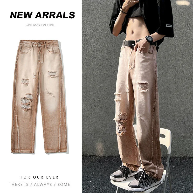 

Summer Ripped Baggy Jeans Men's Fashion Casual Straight Jeans Japanese Streetwear Loose Hip Hop Hole Denim Pants Mens Trousers