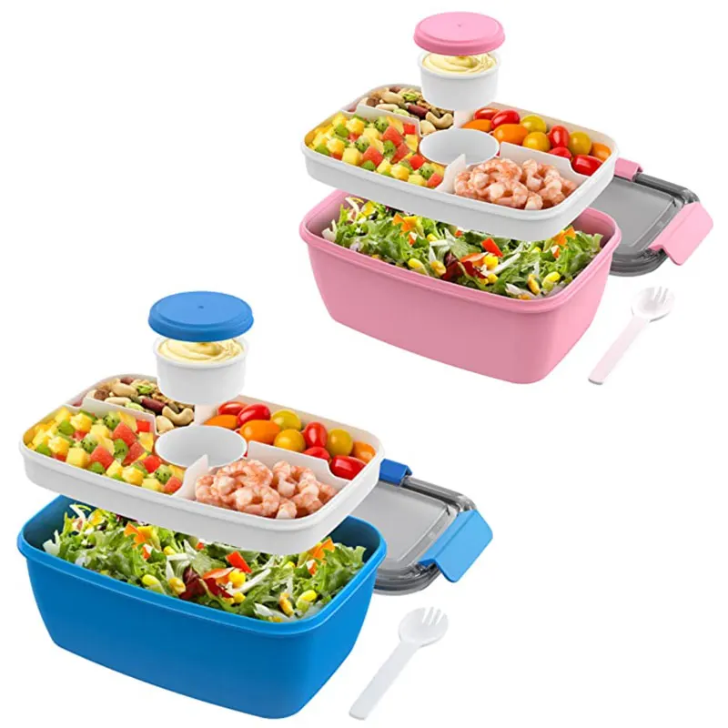 2L/1.1L Salad Box Lunch Box Large Fresh-keeping with Sauce Box Rectangular Plastic Compartment Sealed Food Storage Containers