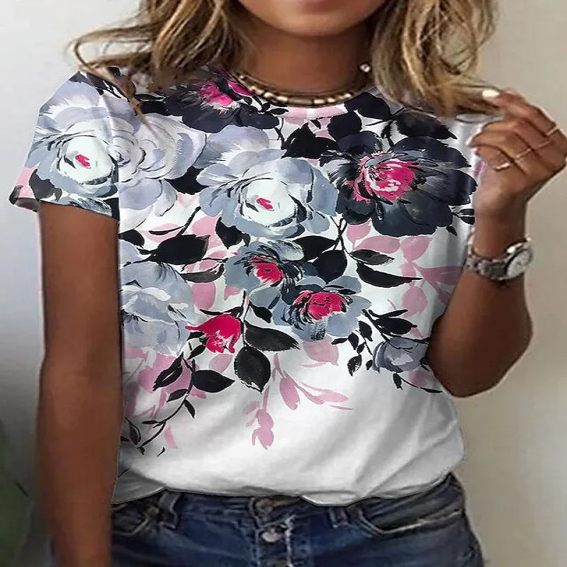 

Nowy letni kolorowy motyw kwiatowy moda damska odzież druk 3D wokół szyi T-Shirt w za dużym rozmiarze