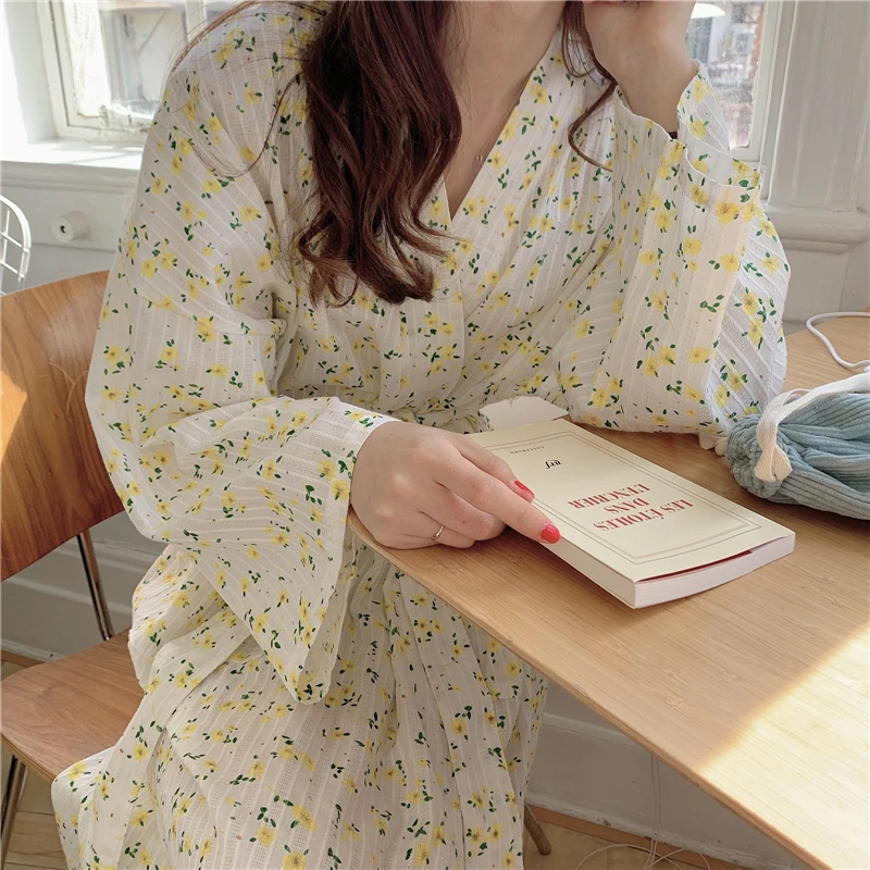 Japanese Sweet Sleepdress Printing Robe Nightdress Women's Spring Autumn 2022  Long Lace Kimono Leisure Home Clothes