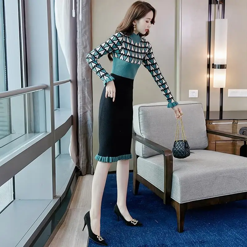 

Women 2022 Autumn Winter New Long Sweater Dresses Female Half High Collar Knit Vestidos Ladies Long Sleeve Patchwork Dress F272