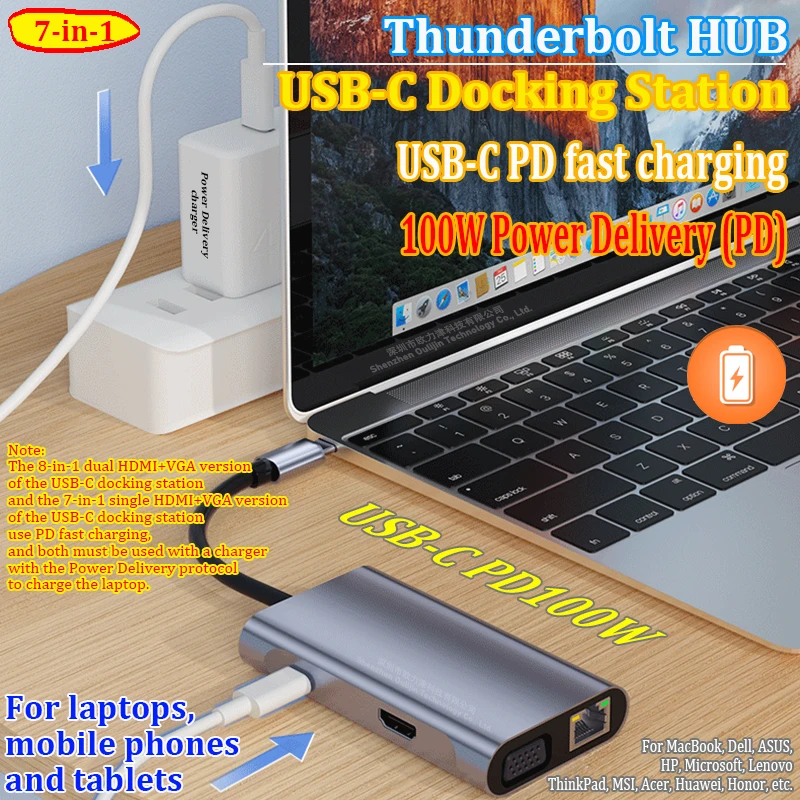Аксессуары для ноутбуков Thunderbolt HUB USB-C Док-станция 2x HDMI VGA MacBook Air Pro Dell HP Lenovo ThinkPad Asus