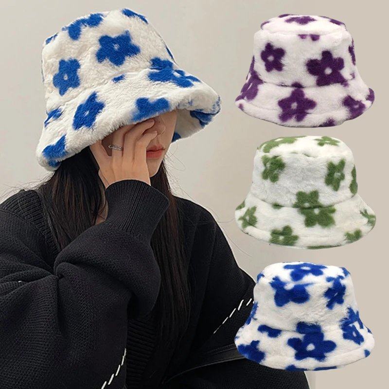 

Панама с цветочным узором женская, пушистая утепленная шапка-пуловер из искусственного кроличьего меха, уличная верхняя Панама с защитой о...