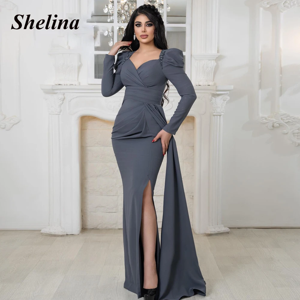 

Shelina Classic Spandex Prom Dress 2023 Crystal V-neck Full Sleeves Slit Trumpet Sweep Train Pleat For Women Vestido De Noite