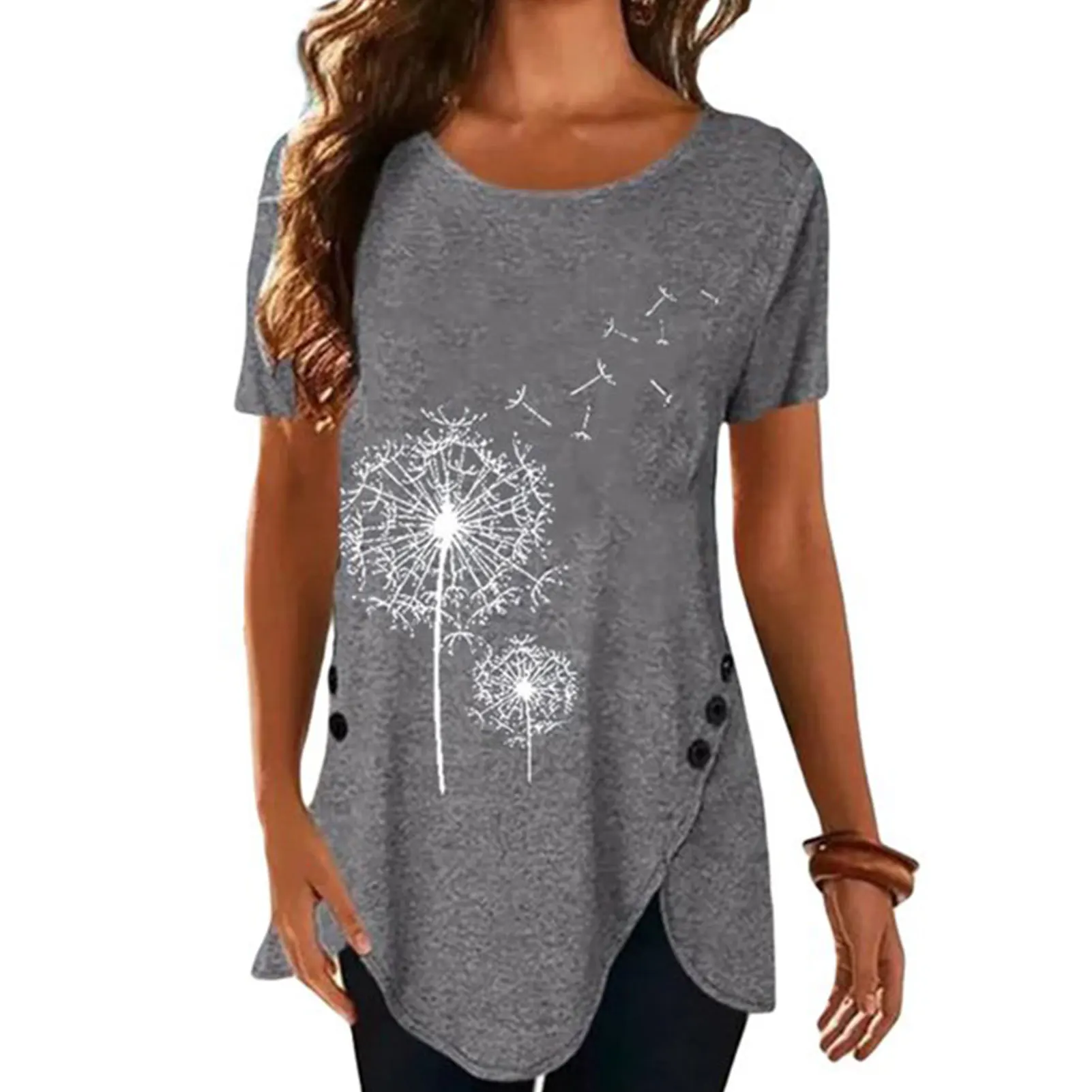 

Casual Loose For Summer Dandelion Print Breathable Blouse Tops Soft Women T Shirt Fashion Asymmetric Hem Button Short Sleeves