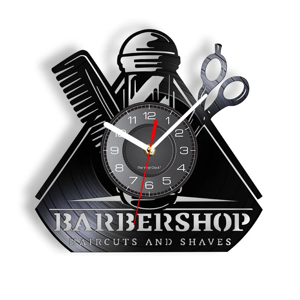 

Barber Shop Wall Clock Toolkits Vinyl Record 3D Decor LED Light Laser Cut Longplay Hairdresser Watch Hair Salon Mute