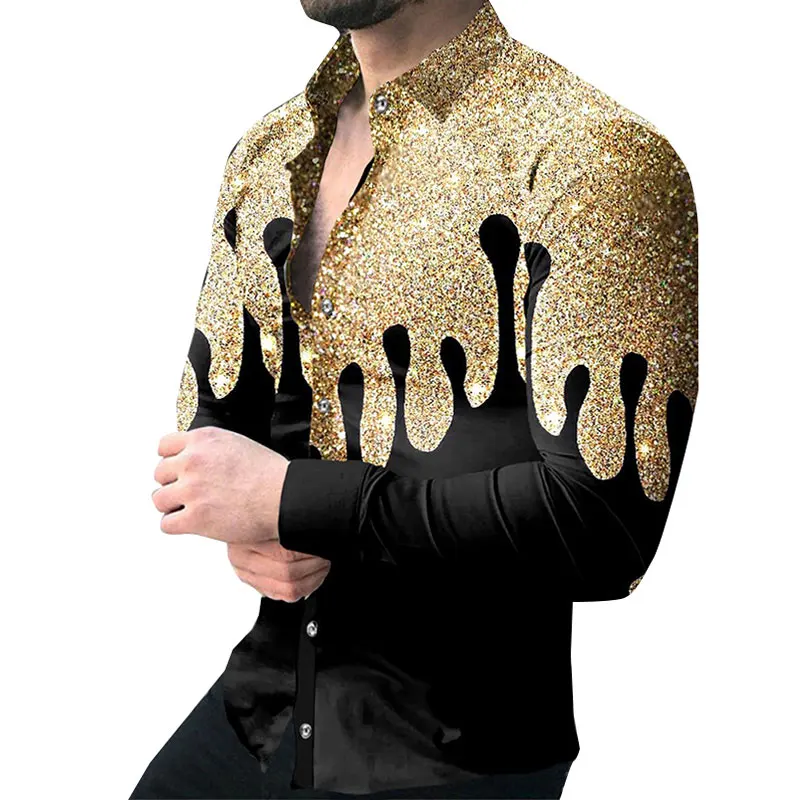 

2022 New Fashion Men Shirts Turn-Down Collar Buttoned Shirt Casual Quicksand Print Long Sleeve Tops Men's Clothing Herren Hemd