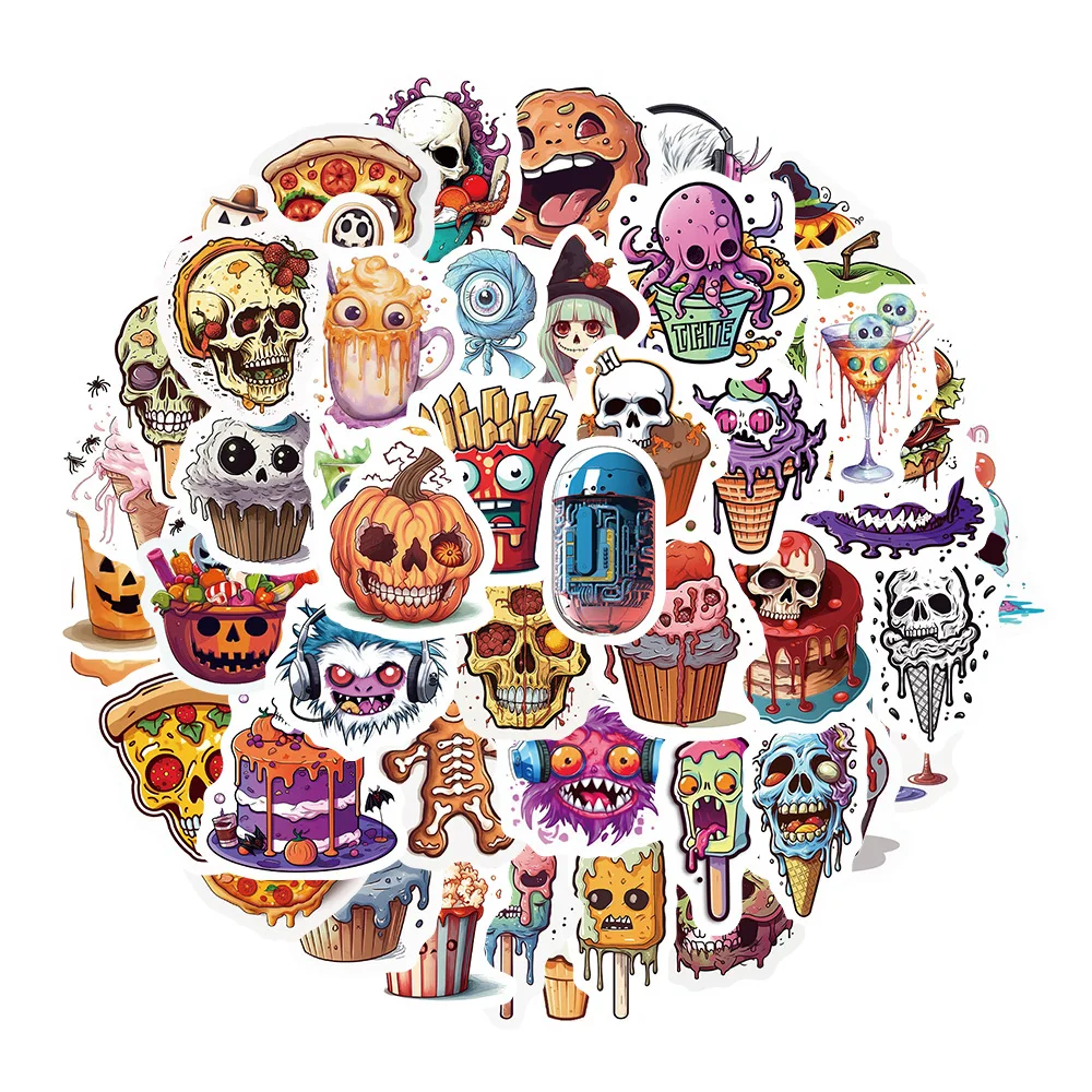 

10/30/50pcs Creative Foods Pumpkins Skull Stickers Halloween Cartoon Decal Fridge Snowboard Luggage Horror Sticker for Kids Toys