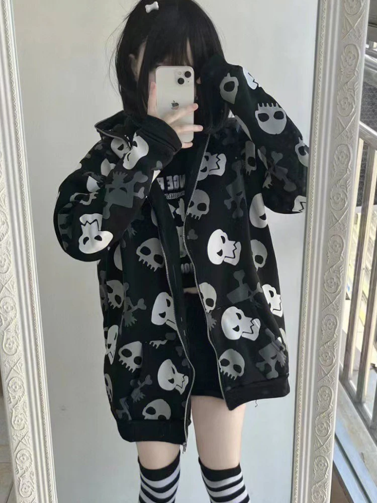 

Skull Print Kawaii Zip-up Hoodies Harajuku Grunge Vintage Jacket Japanese Fashion Sweatshirt Streetwear Y2k Aesthetic
