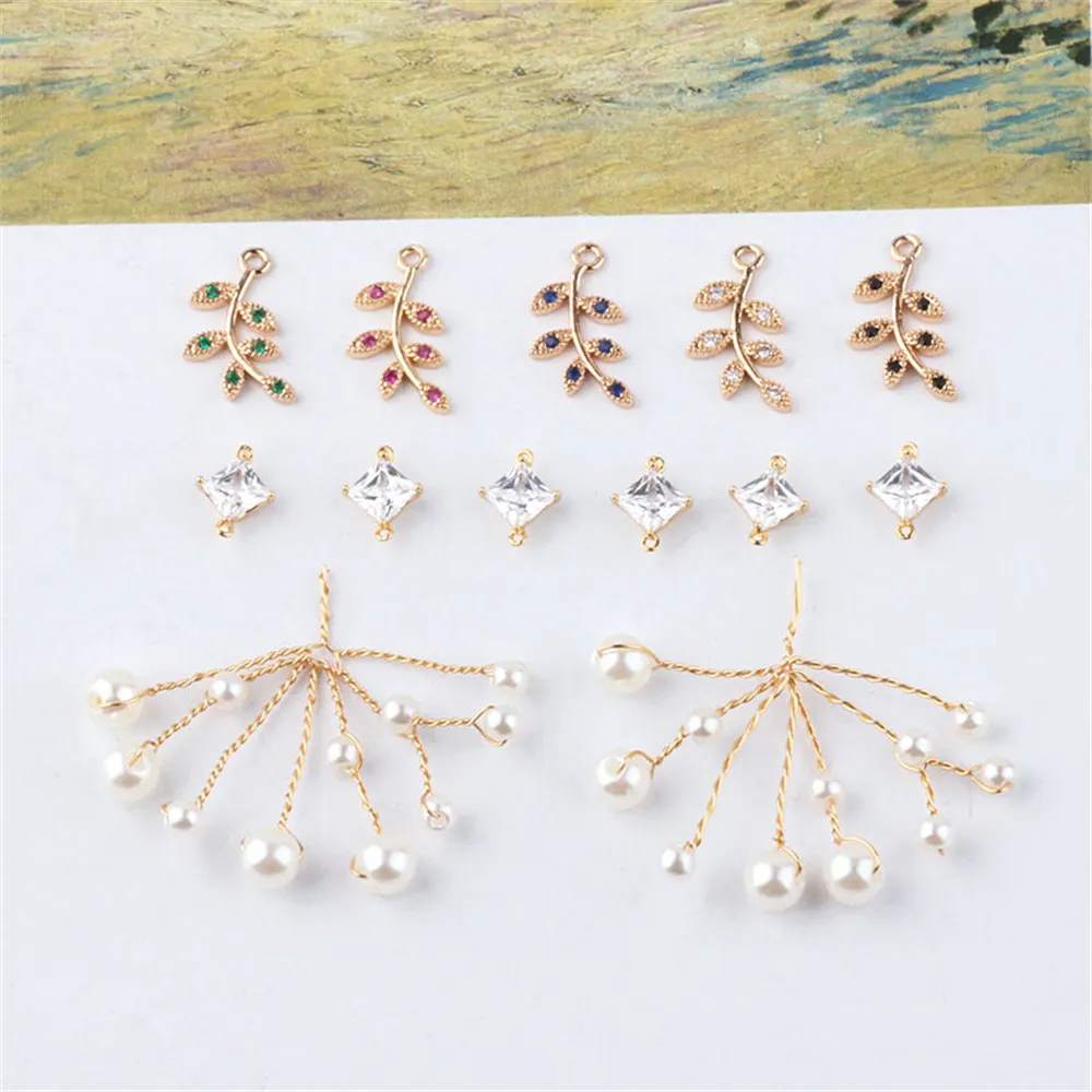

DIY Handmade Jewelry Accessories Copper Plated True Gold Color Preserving Leaf Zircon Pearl Earrings Pendant Material