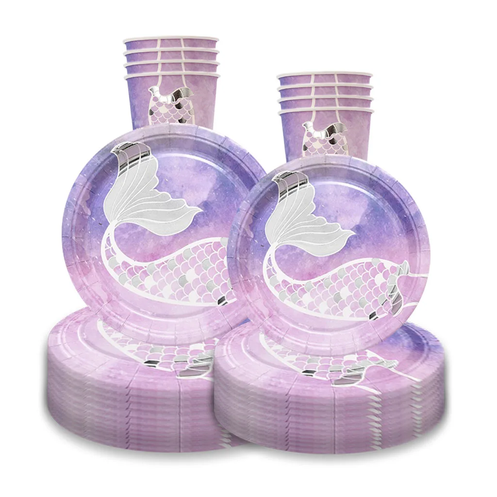 Одноразовая посуда русалка для 10 гостей серебряные тарелки с хвостом русалки