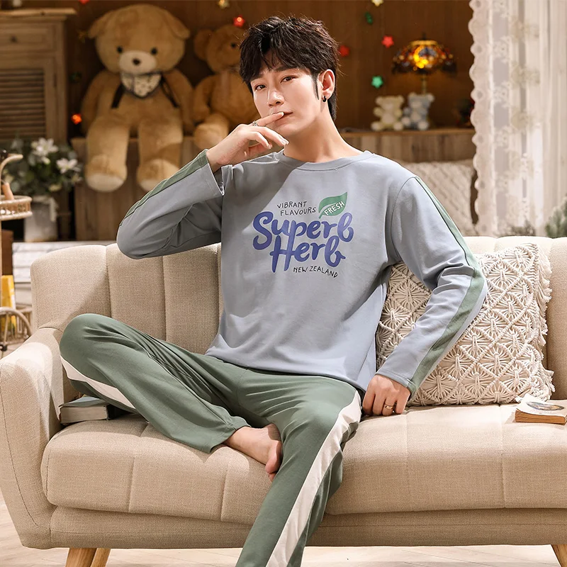 Spring and autumn men's cotton Sleepwear letter lattice pajamas cartoon Pajamas Sets casual pajamas Large size Pajamas for men