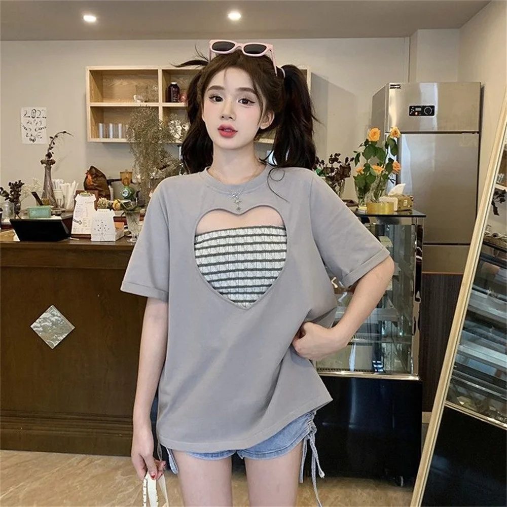 

Модная крутая пикантная футболка из двух частей, милый топ в стиле пэчворк для девушек, летние футболки в стиле Харадзюку, винтажная свободн...