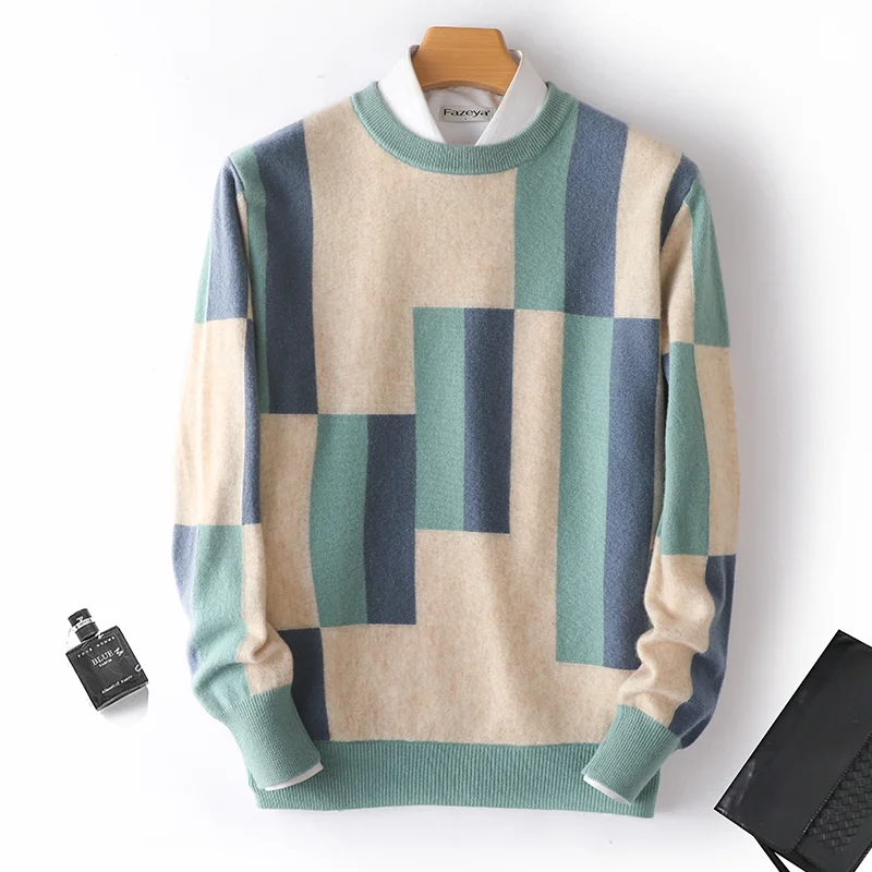 100% cashmere sweater men's round neck  pullover top autumn and winter new fashion square sweater