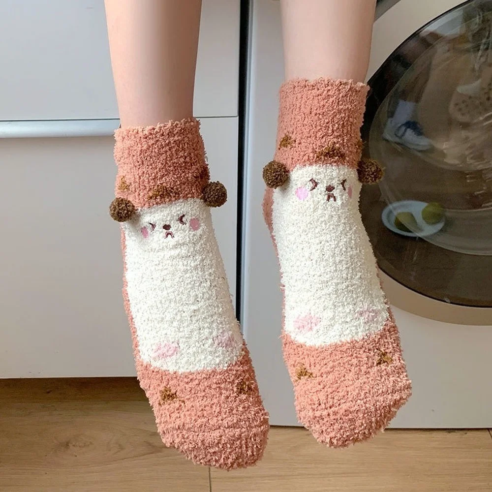 5 Pairs New Cute Hedgehog Coral Fleece Sleeping Floor Socks Three-dimensional Embroidery Cartoon Furry Sweet Beauty Women Socks