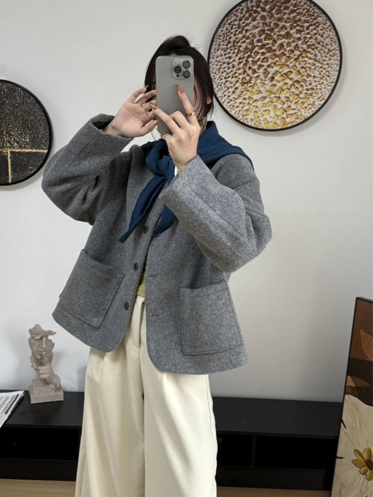 Осень и зима Новый пуховик с синей шалью 90 Белая подкладка на утином пуху